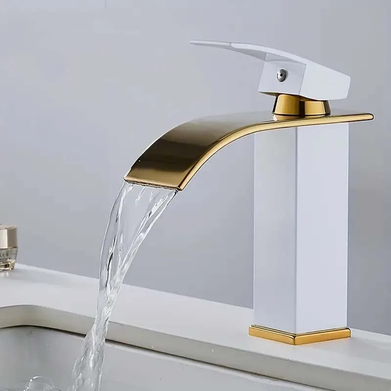 

New Luxury Black White Gold Waterfall Faucet Hot and Cold Dual Control Stainless Steel Alloy Finish Suitable for Bathroom Sink