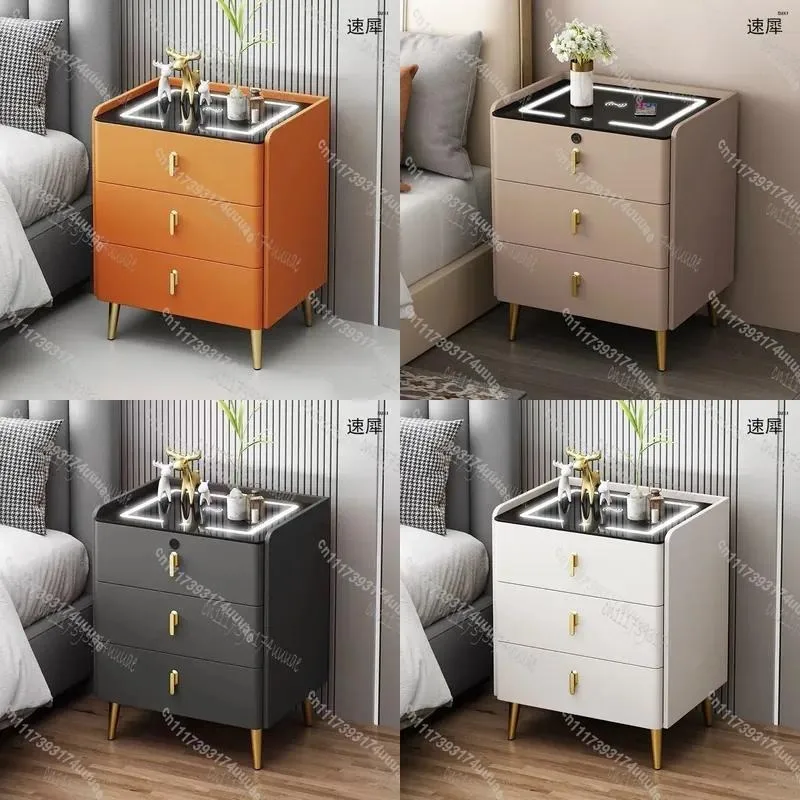 Modern Smart Wooden Nightstand with Wireless Charging Faux Leather Bedside Table 3 Drawer Storage Cabinet for Bedroom