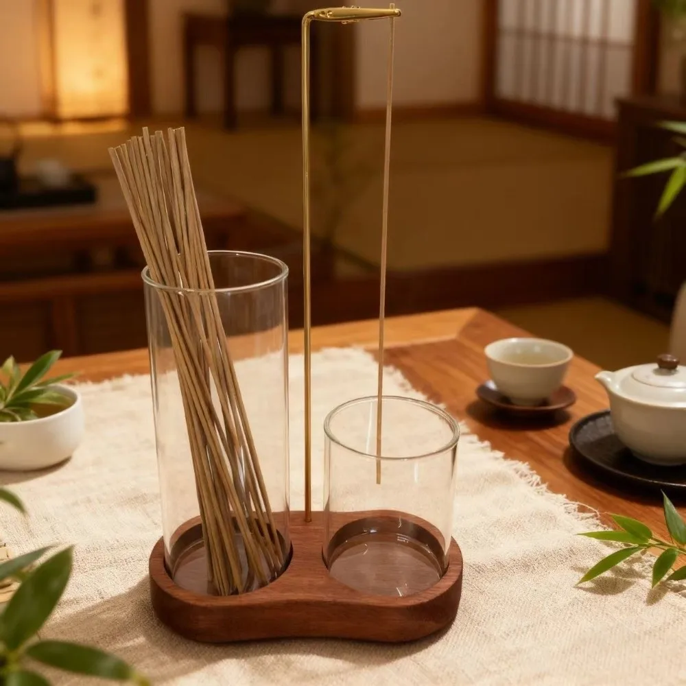 Minimalist Glass Incense Holder Zen Style Transparent Incense Burner Wooden Base Creative Anti-Ash Flying Incense Holder