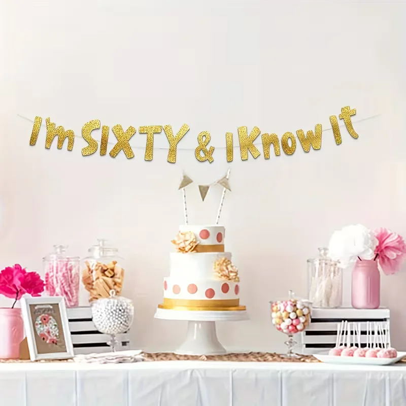 Retro Gold Glitter I'm Sixty & I Know It Banner Funny 60th Birthday Bunting Decor for Men Women Birthday Photo Props