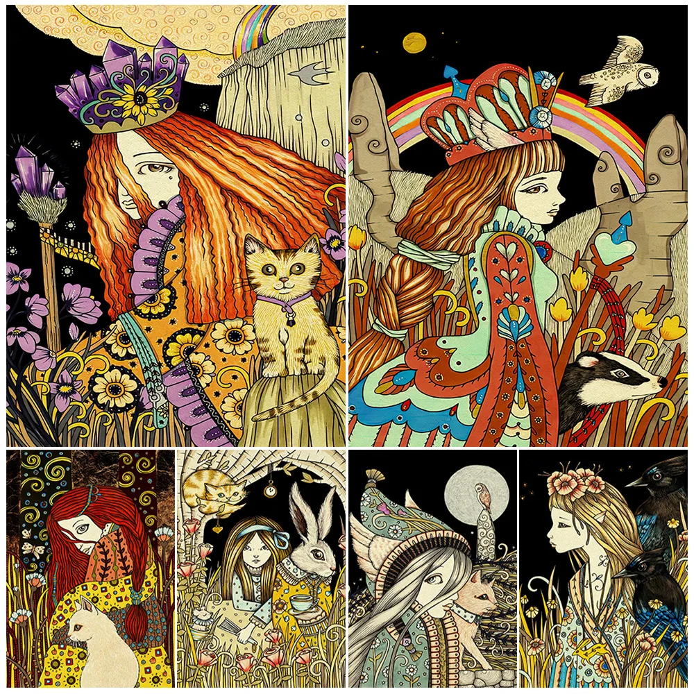 

Girls In Gorgeous Clothes And Cute Animals Vintage Wall Art Canvas Painting Animal&Folk Girl Gothic Art Poster Print Home Decor