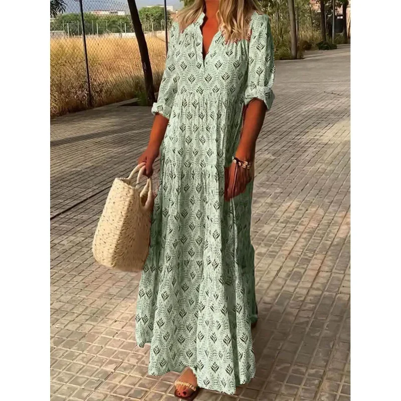 2024 Elegant Print Deep V Neck Dresses Women Spring Autumn Long Sleeve Loose Large Hem Long Gown Female Comfortable Casual Dress