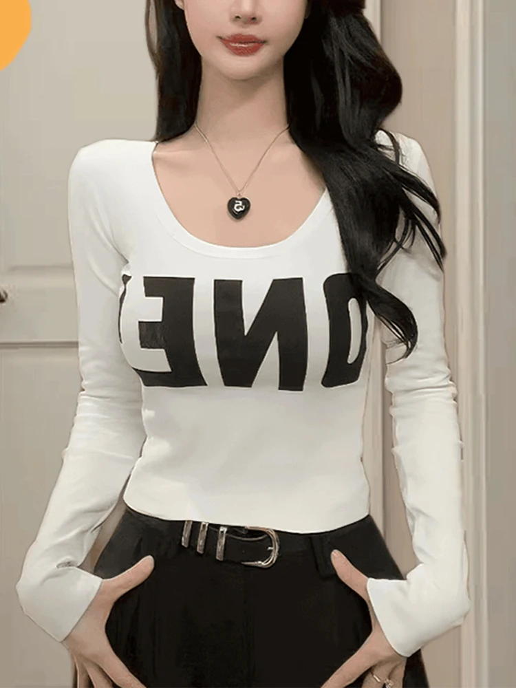 Early Autumn Letter Print Slim Fit U-Neck Curve T-Shirt Women's Fashionable Commute Style Korean Version Long Sleeve Top