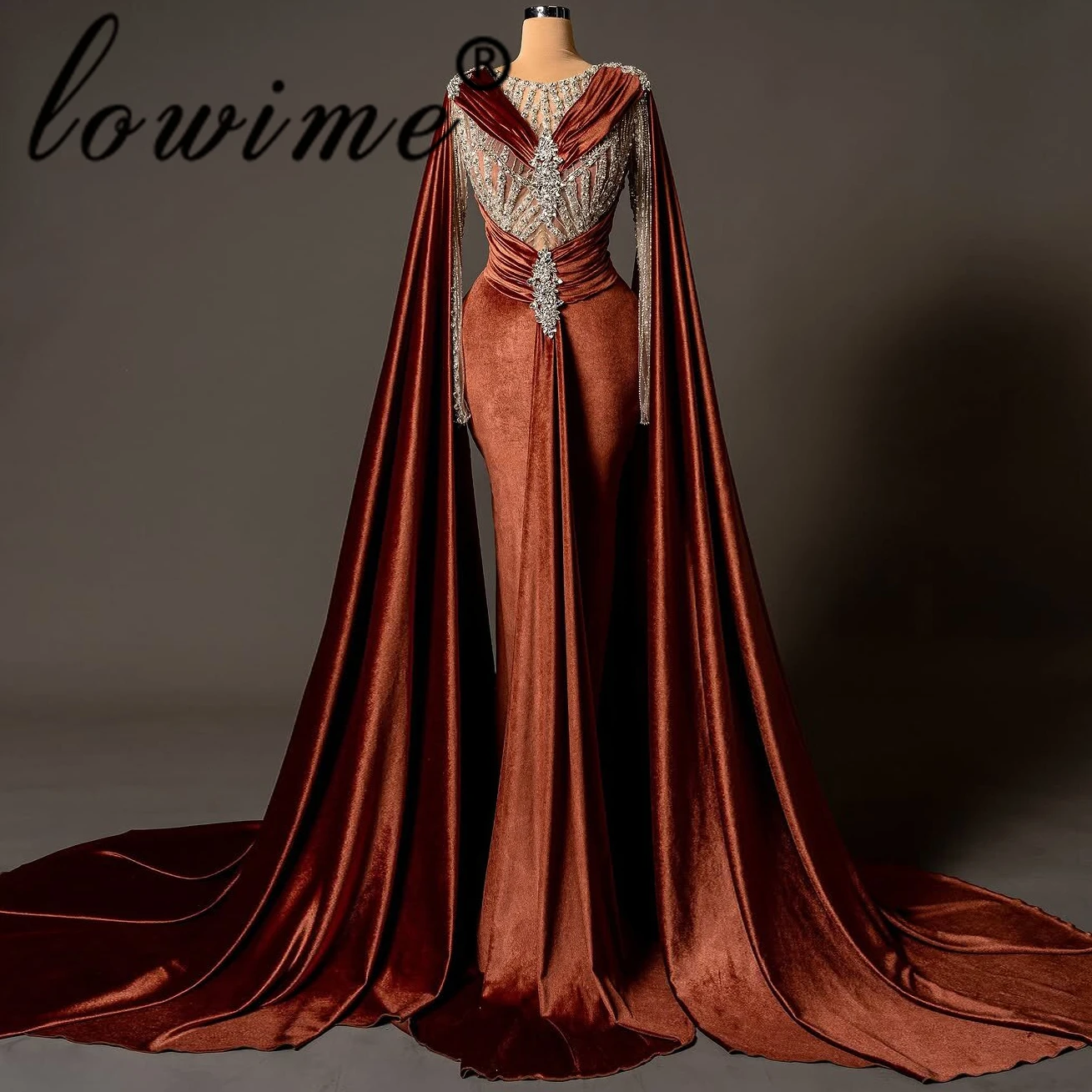 

Customized Brown O-Neck Mermaid Evening Dress with Cape Long Sleeve Formal Prom Dress Exquisite Crystal Beaded Celebrity Dress