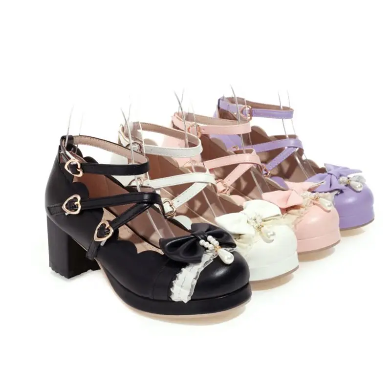 REAVE CAT Lolita Girls Pumps Round Toe Block Heels Platform Buckle Strap Bowknot Big Size 43 44 45 School Student Sweet Shoes 33