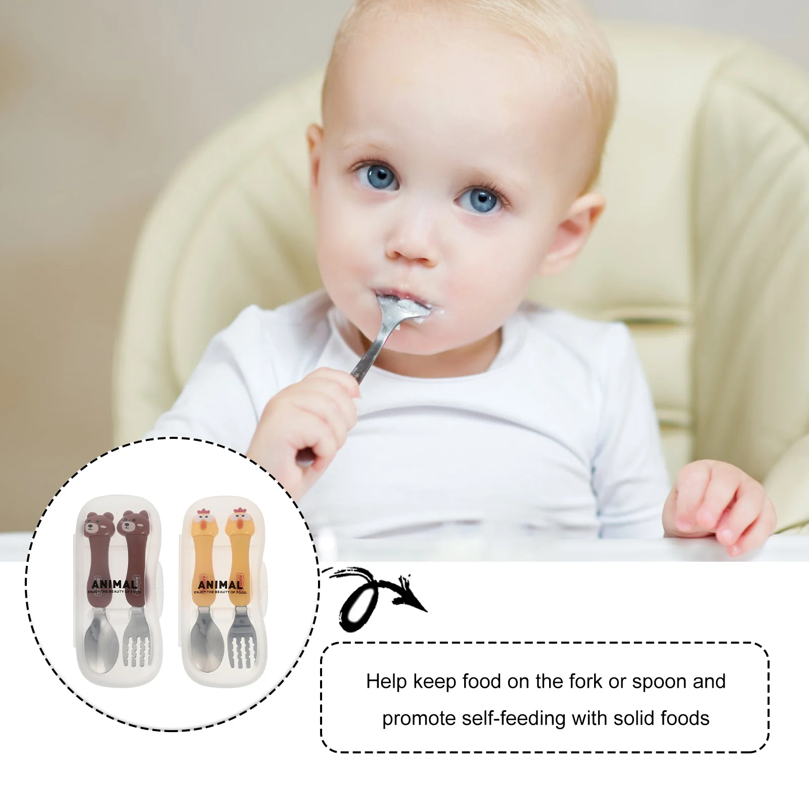 

2 комплекта детской посуды, ложка и вилка, гладкие края, термостойкая посуда для кормления малышей, портативная