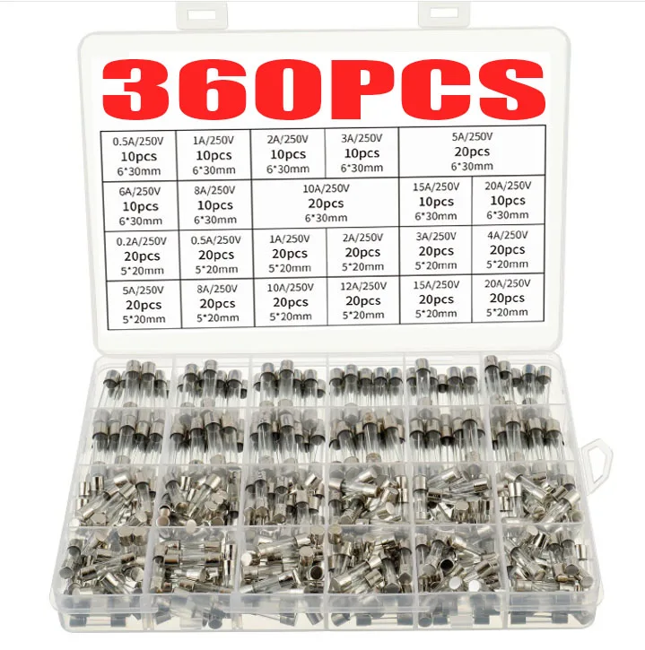 Fuse Combination Kit Fast Melting Glass Fuse 360pcs 5*20,6*30mm Glass Tube Fuse Combination Fast Melting Glass Tube