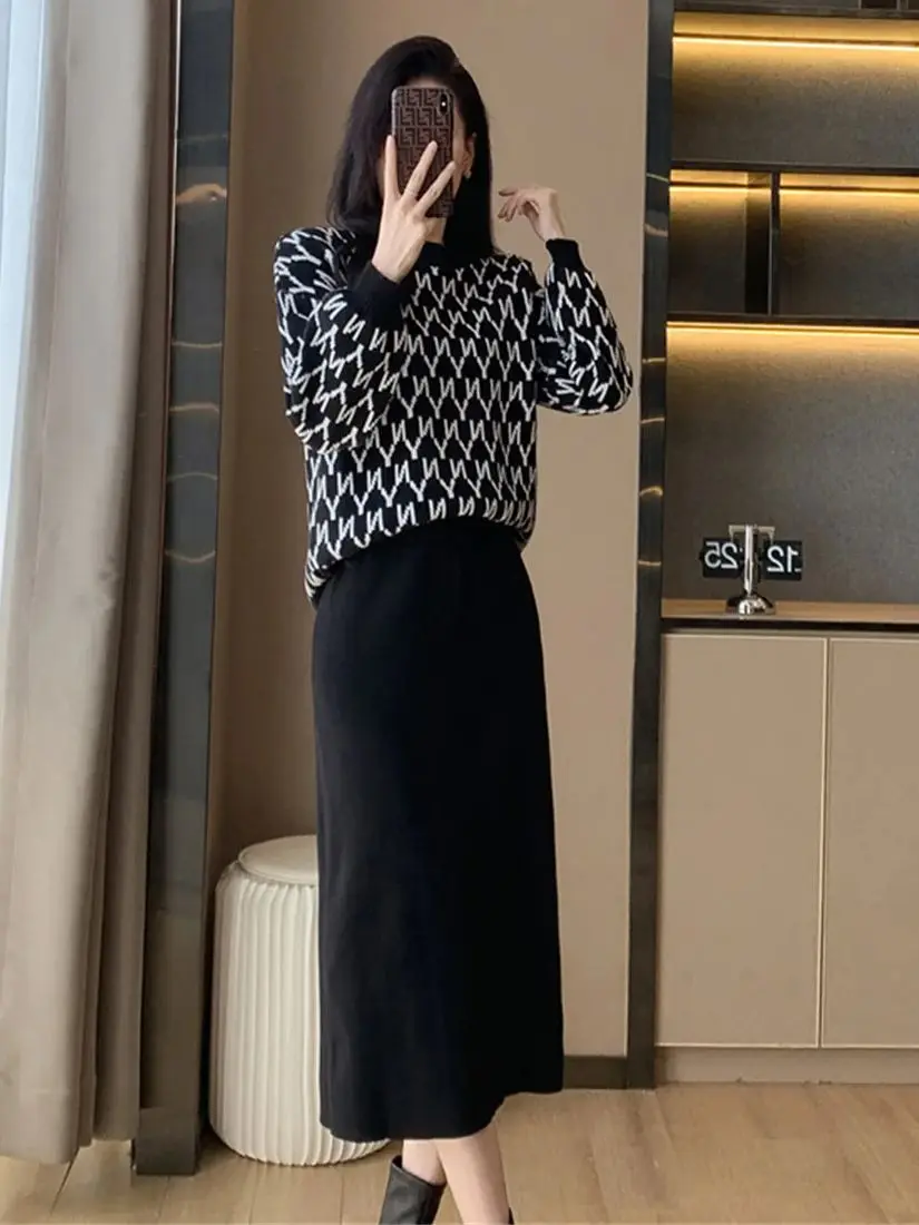 

College style Striped Sweater Two Piece Sets Women's Loose Knitwear Pullover Jumper and Midi Skirt Suits Elegant Outfits