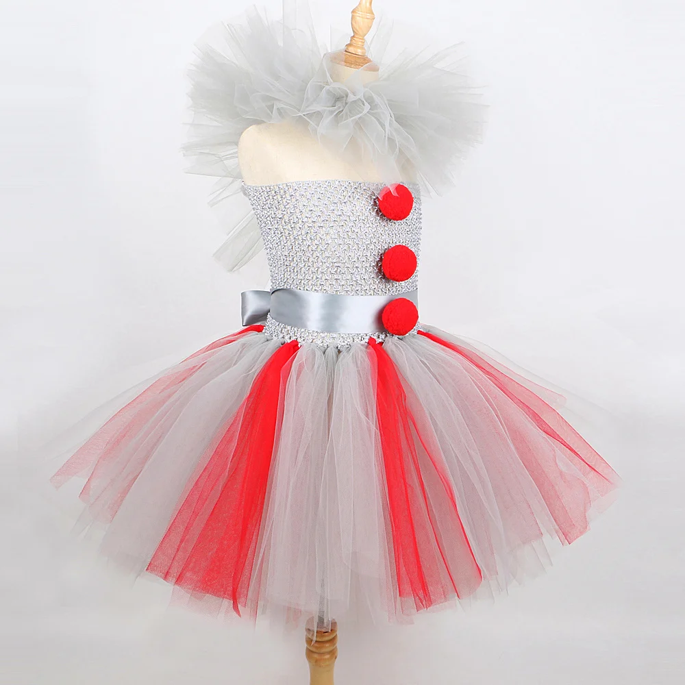 Red Gray Clown Costumes for Girls Circus Pennywise Halloween Fancy Dresses for Kids Joker Carnival Party Ballet Tutus Outfit image 2