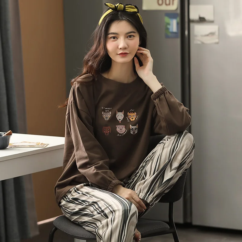 

Spring and Autumn Women's All Cotton Pajamas Long sleeved Round Neck Pullover Pajamas Leisure Autumn Home Furnishings