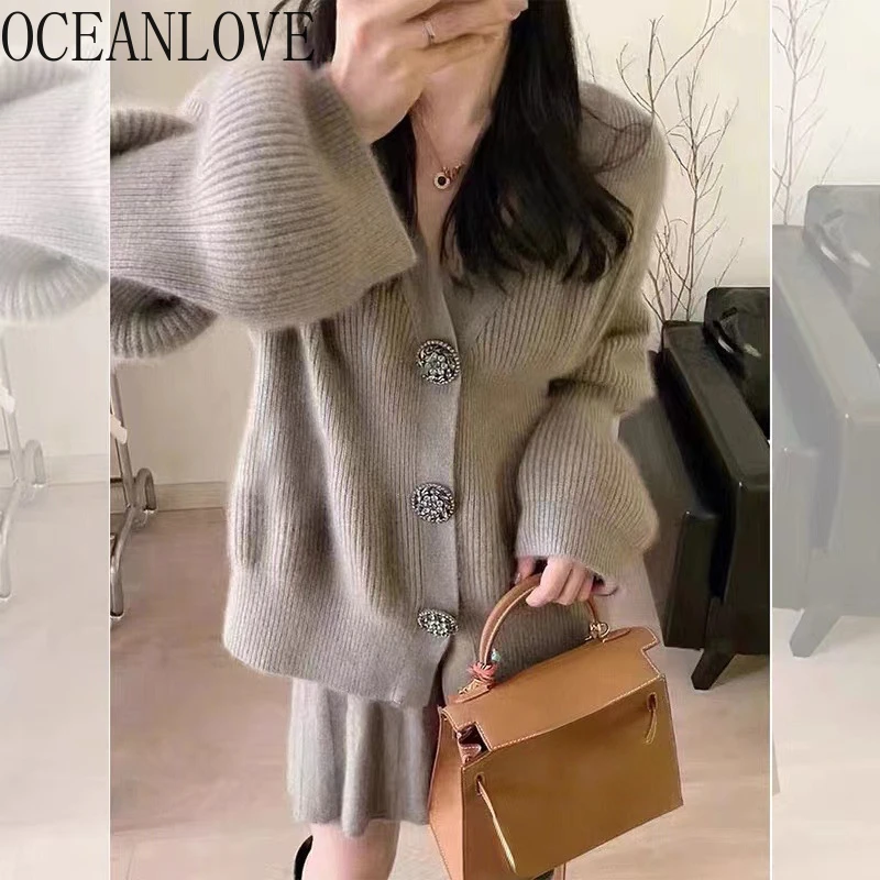 OCEANLOVE Knitted Two Piece Set for Women Solid Korean Fashion Autumn Winter Cardigans Skirts Sets Elegant Conjuntos Cortos