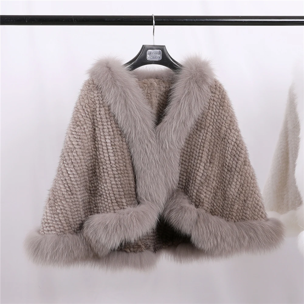 Luxury New Genuine Mink Fur Knitted Shawl Wrap Opera Cape Fox fur Triming women Lady mink fur coat Jacket Stole Amice Pashmina