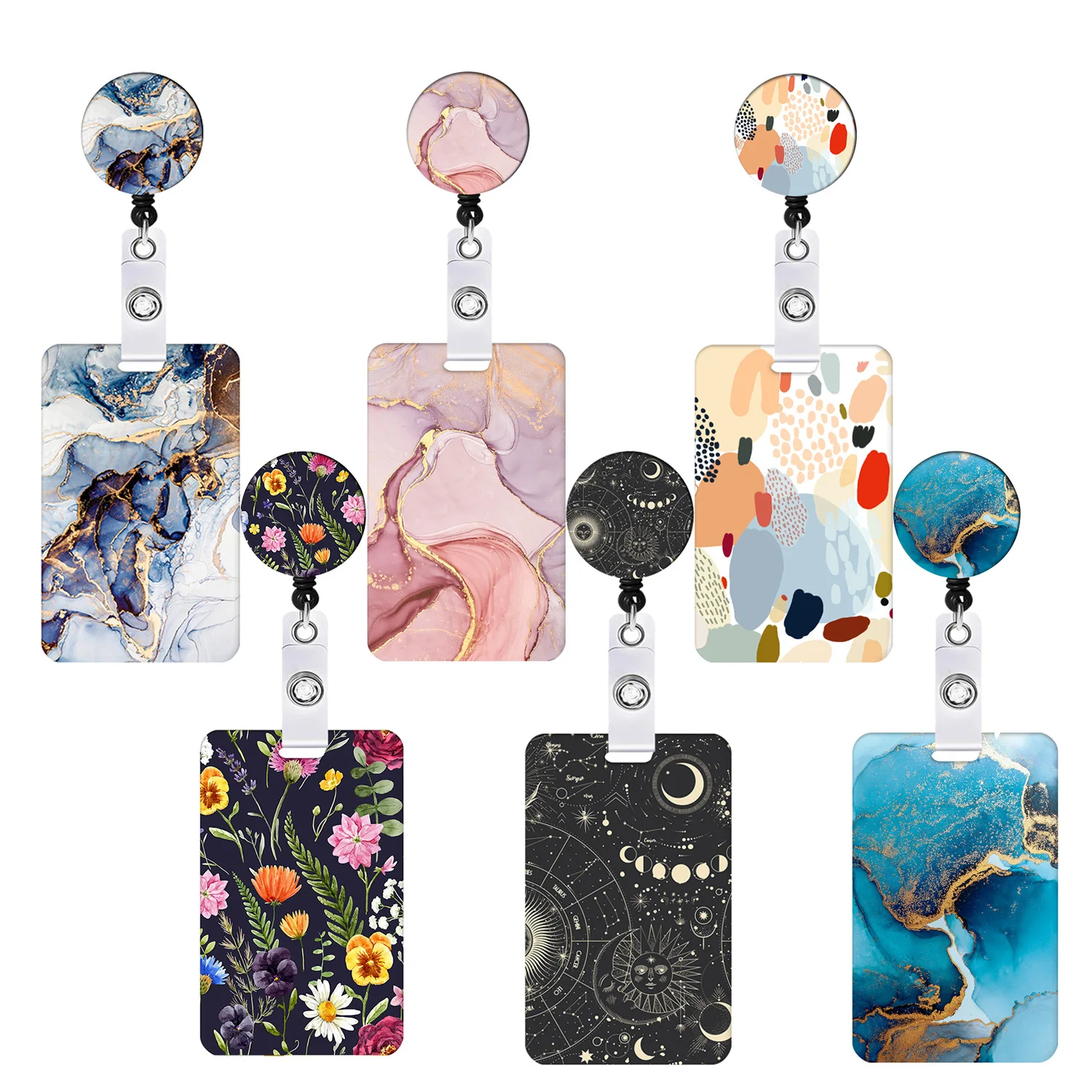 multi-color-marble-starry-art-print-retractor-badge-scroll-portable-phone-credential-clip-complete-lanyard-card-holder