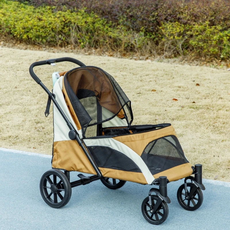 Poussette pliable marron pour grands chiens – Chariot pour animaux de compagnie à 4 roues, avec harnais de sécurité et freins – Buggy de voyage portable pour les promenades en extérieur – Compact et robuste – Facile à plier et à ranger – Idéal pour les animaux âgés ou blessés