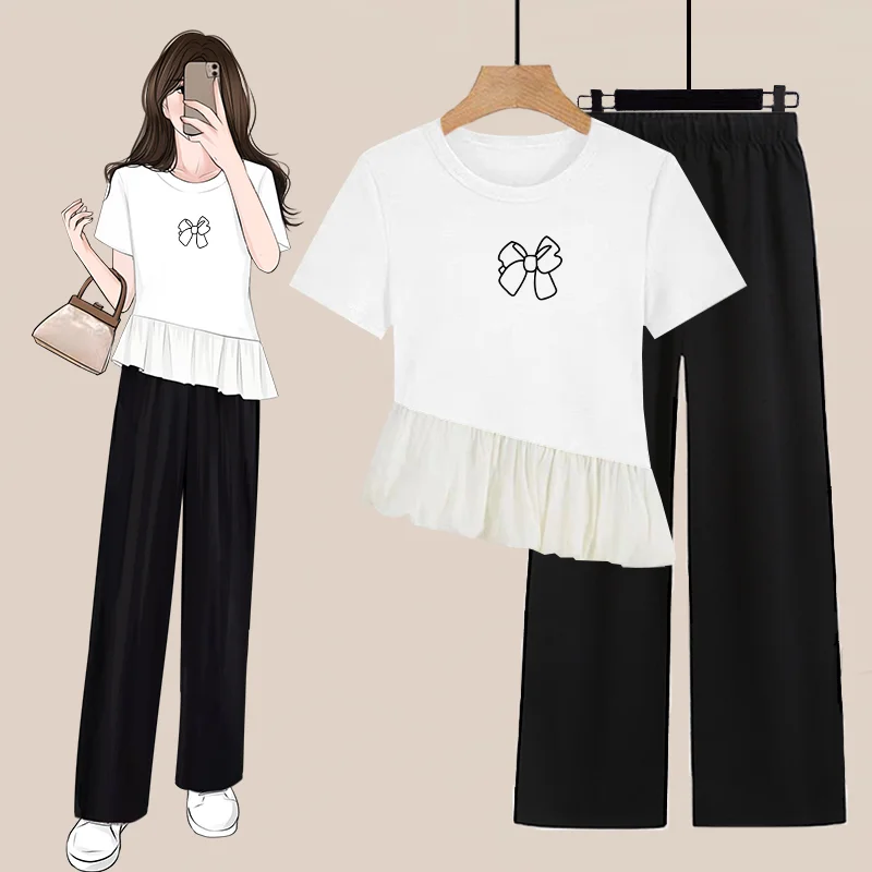 

Women's Summer Fashion Irregular Ruffle Bowknot T Shirts Wide Leg Pants Two Piece Suit Lady Casual Short Sleeve Top Trousers Set