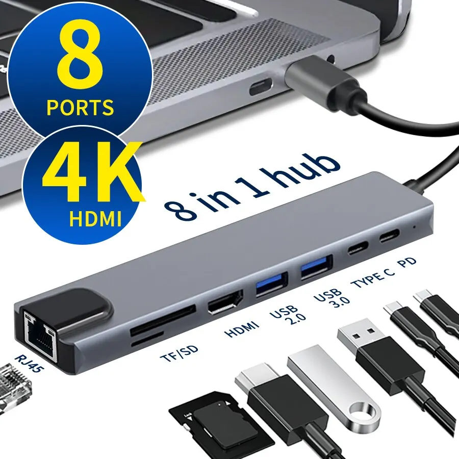 8 IN 1 USB C Hub Type C 3.1 To 4K HDMI Adapter with RJ45 SD TF Card Reader PD Fast Charge for MacBook Notebook Laptop Computer