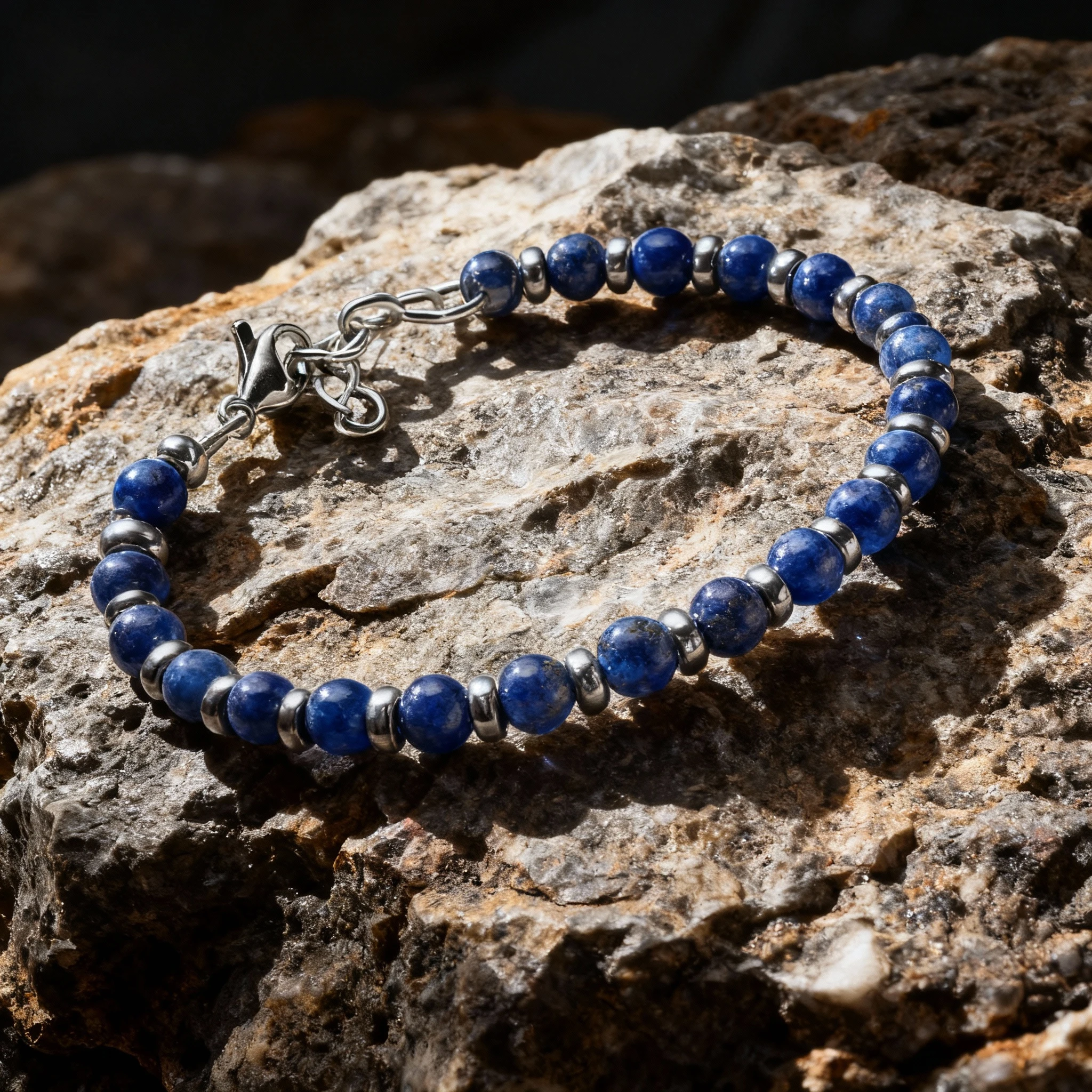 Męska bransoletka z naturalnych kamieni Runda Blue z regulowanym zapięciem ze stali nierdzewnej, modna, ręcznie robiona, 22 cm, dodatek. — zdjęcie 5