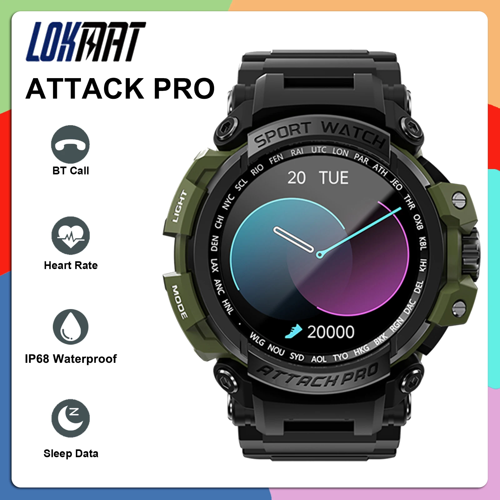 LOKMAT ATTACK PRO Smart Bracelet Fitness Tracker IP68 Waterproof BT Call Sports Watch Blood Oxygen/Heart Rate Monitor Smartwatch