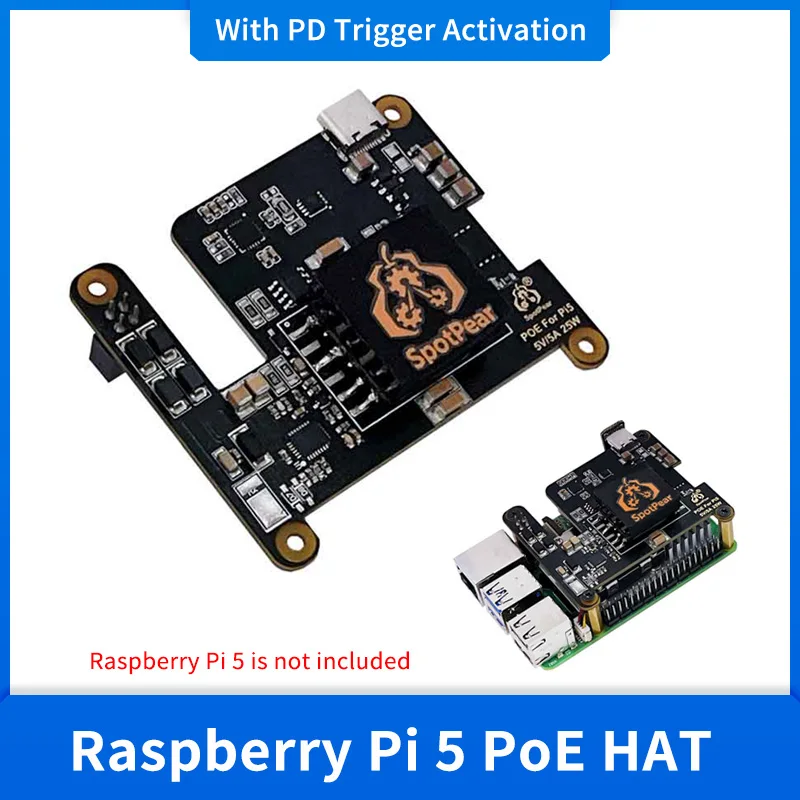 Raspberry Pi 5 PoE HAT With PD Trigger Activation Type C Power Optional Cooler Fan Over Ethernet 802.3af/at 5V/4.5A 25W for RPi5