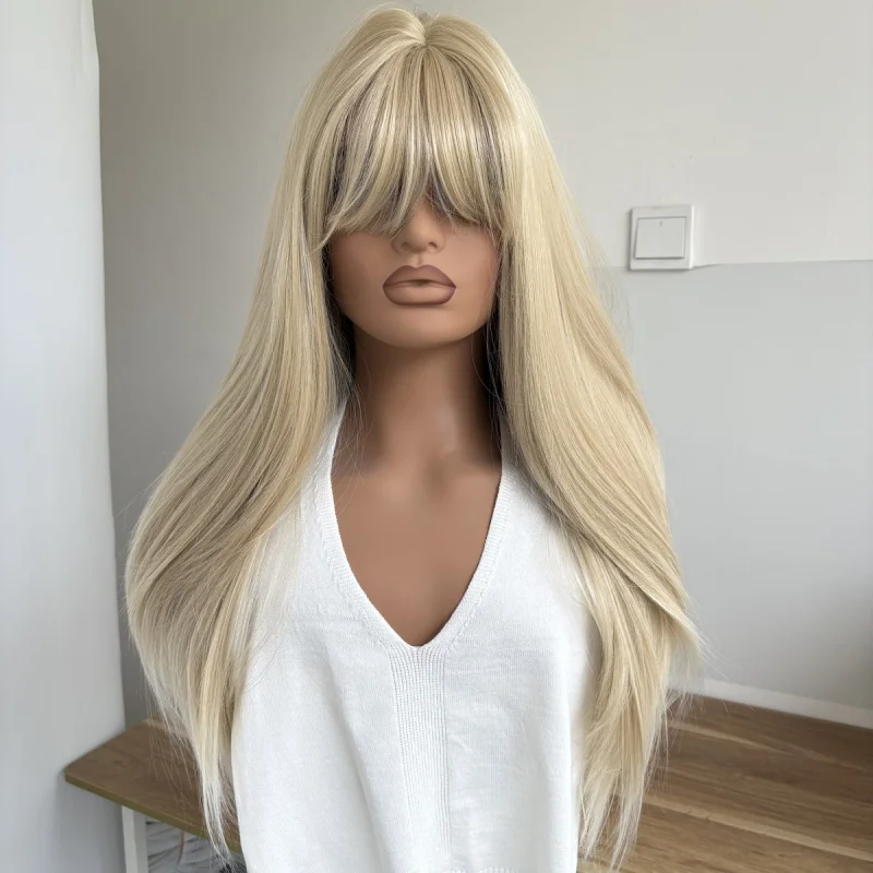 

Mixed blonde Cosplay Wig With Fringe Long Straight Heat Resistant Synthetic Hair