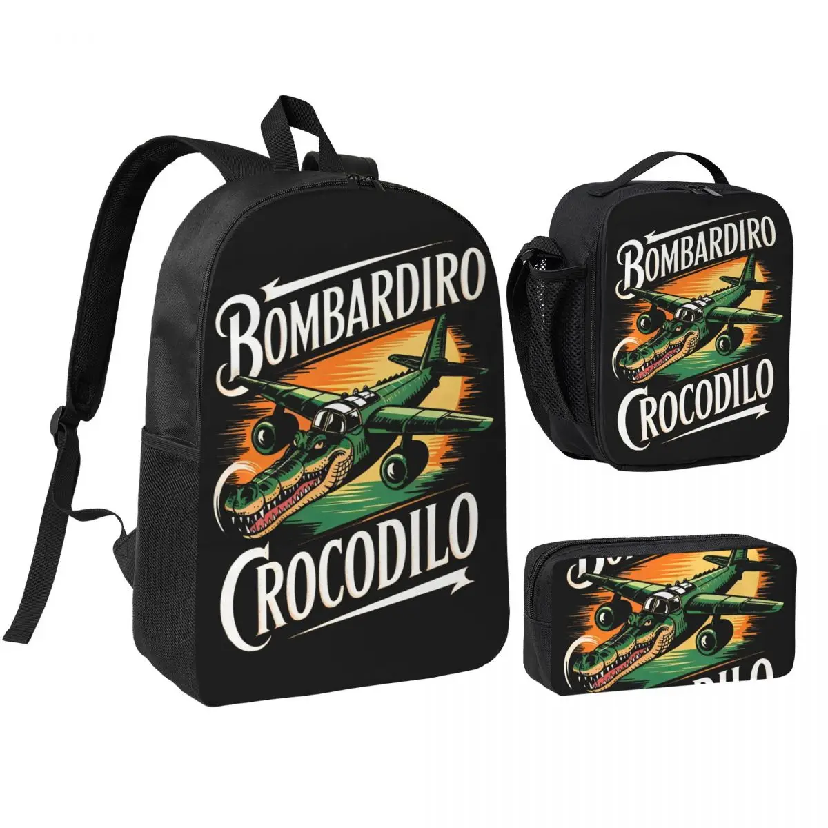 3pecs/set Bombardiro Bombardino Crocodilo Backpack for Teenage Italian Brainrot College Canvas Bags Lunch bag Pencil Case