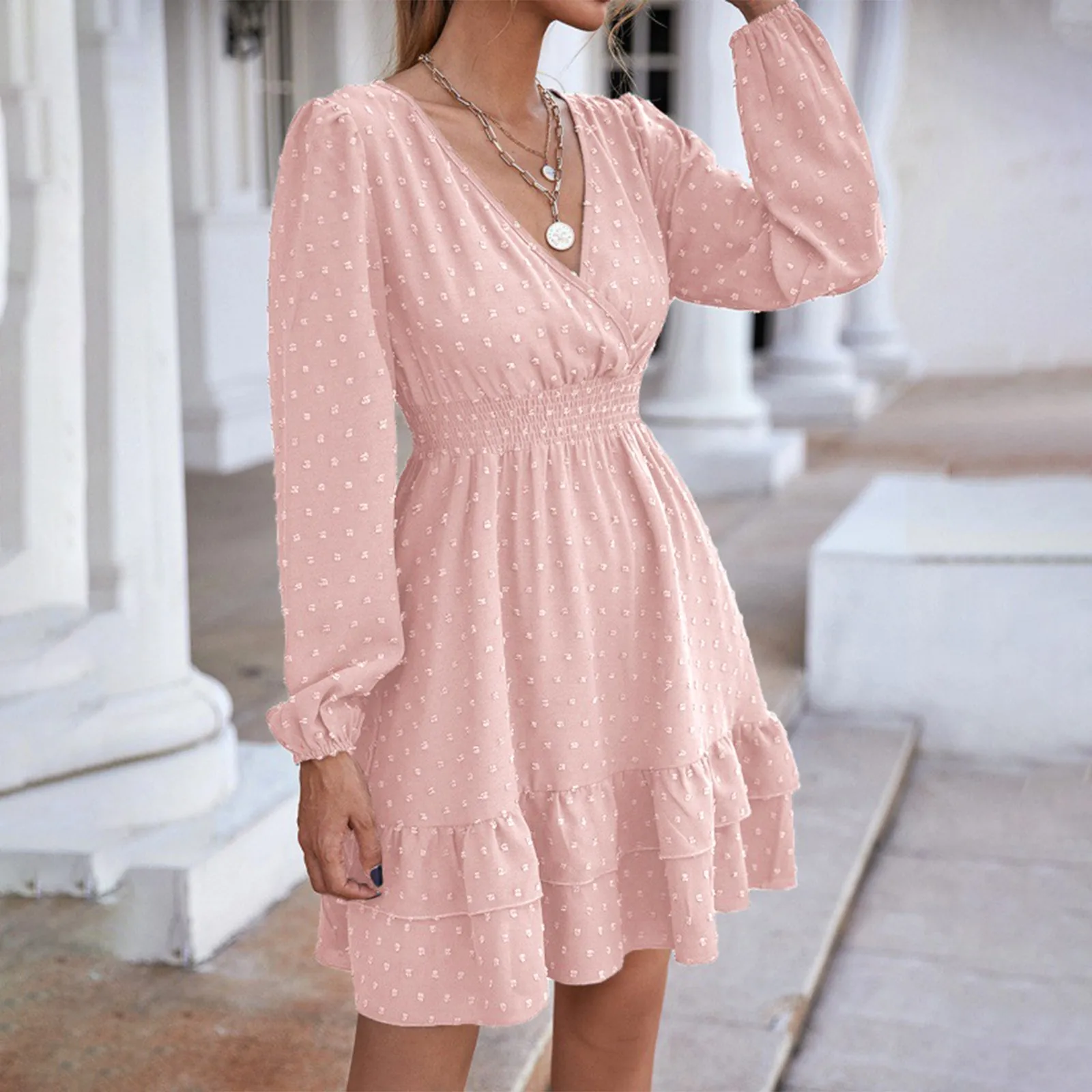 

2024 Autumn New V Neck Long Sleeved Dress Pure Color Elegant Ruffles Slim A Line Dress Ladies Temperament Commuter Dresses