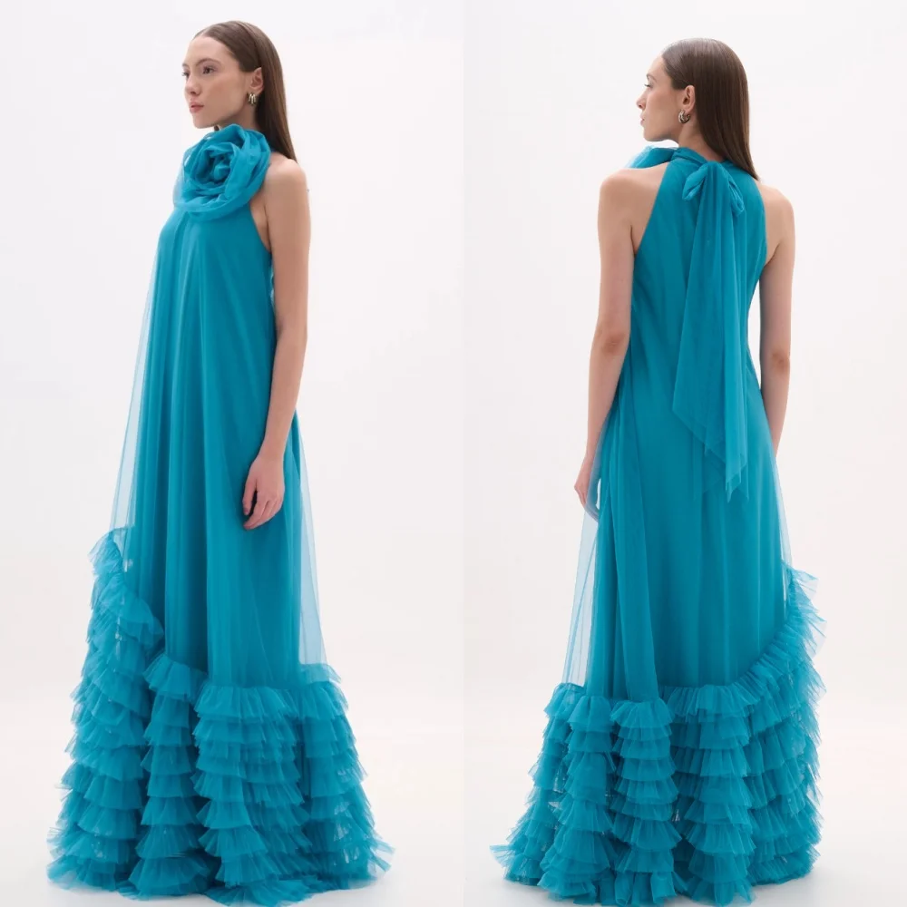 Customized Net Tiered Handmade Flower Cocktail Party A-line High Collar Bespoke Occasion Gown Long Dresses