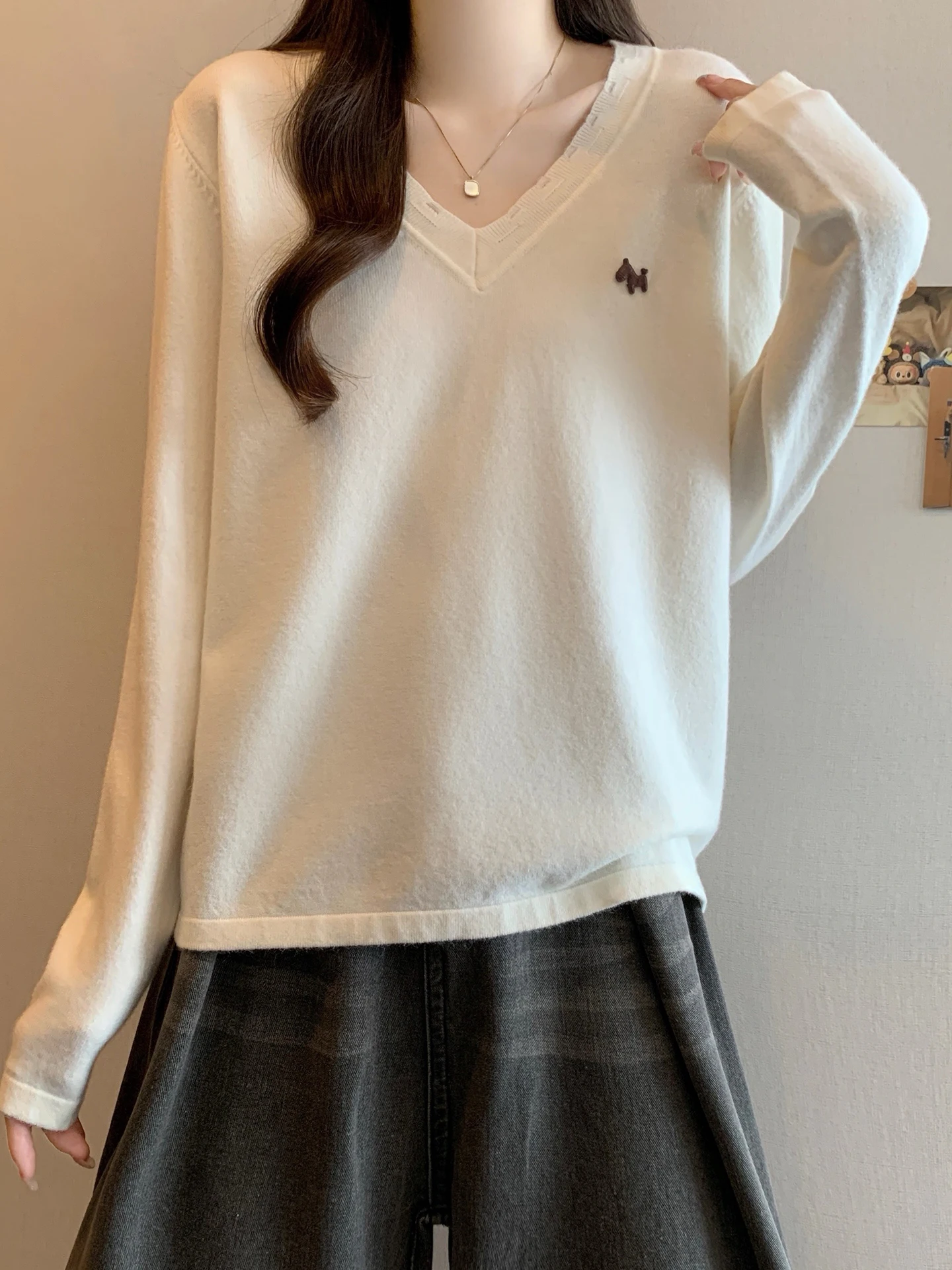 

Ele V-Ne Knitwear Women's Casual Loose Fit Long Sve Inner Wear Slimming Top Breathable Comfortable Thiened Autumn ...