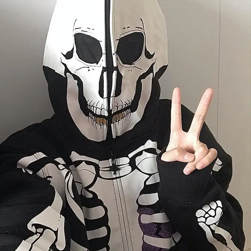 Skeleton Print Hoodies Women Y2K Harajuku Long Sleeve Zipper Jacket Goth Oversize Hooded Sweatshirts Streetwear Hoodies