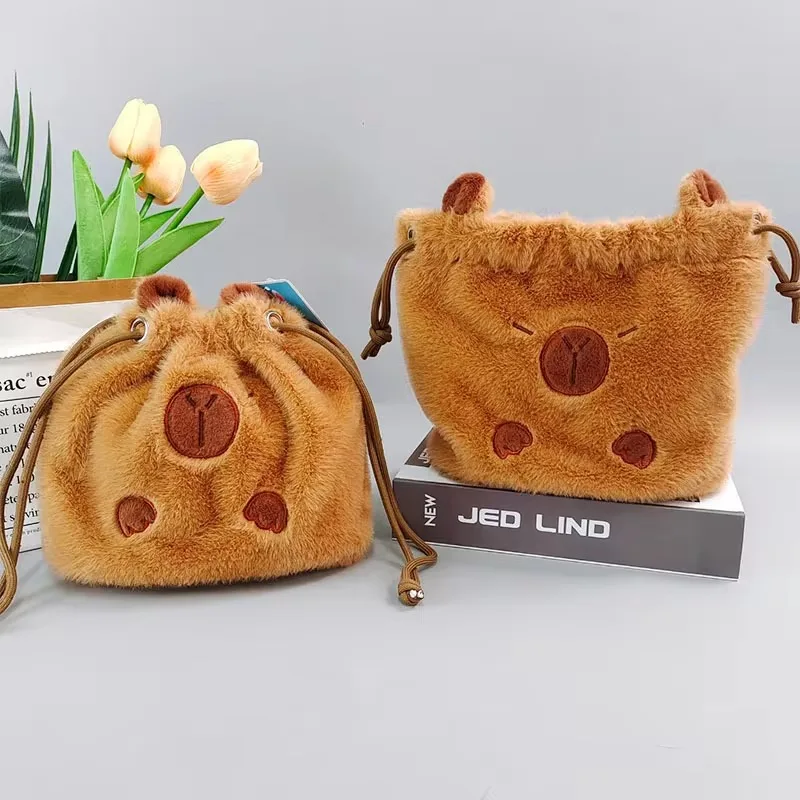 Cute Plush Capybara Drawstring Bag Suitable for Back To School Storage Bag Travel Cosmetics Camera Upright Storage Bag Handbag