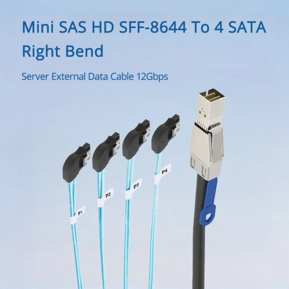 

Mini SAS HD SFF-8644 To 4 SATA Right Bend, Server External Data Cable 12Gbps Length Optional 0.5M 1M 2M 3M