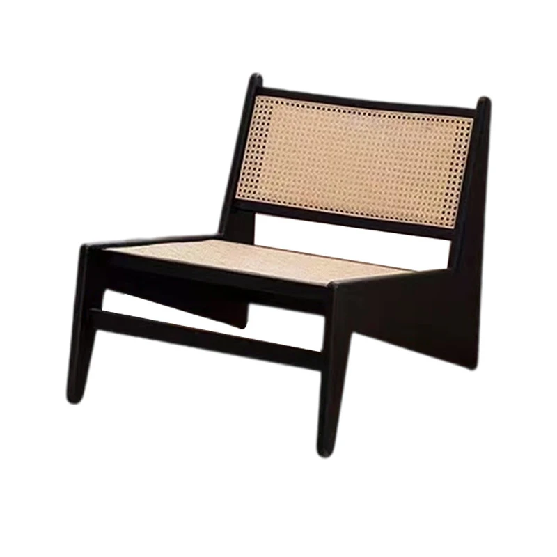

Nordic Solid Wood Lazy Lounge Chair Black Rattan Woven Dining Chairs for Home Furniture for Balcony or Living Room