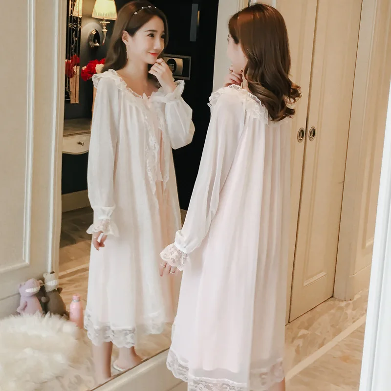 Victorian Vintage Fairy Night Dress Romantic Nightgowns Princess Sleepwear Room Wear Women Long Sleeve Mesh Modal Lace Negligee