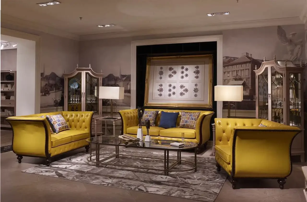 

American sofa, beech solid wood lemon yellow top leather combination sofa hotel lobby sofa