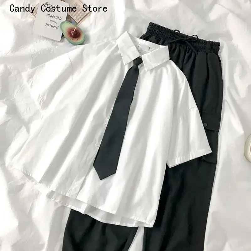 

Summer Button Up Tops White Shirts Women Fashion Black Tie Japan Style Preppy Students JK Girls Blouse Simple Solid Loose