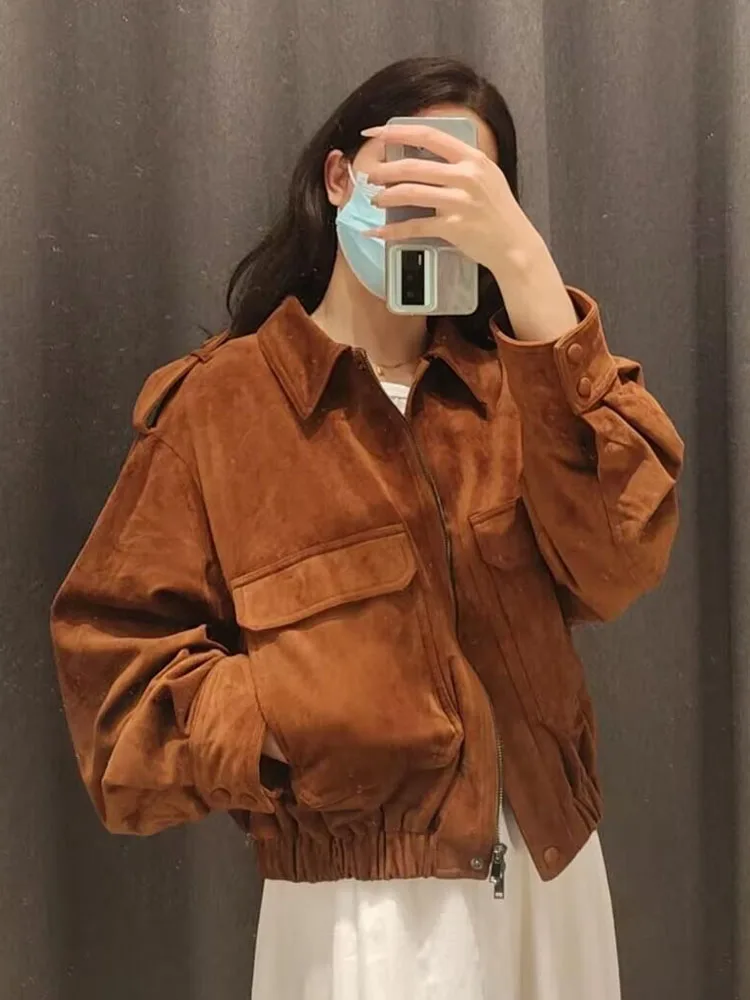 HH Women Autumn Fashion Versatile Suede Lapel Long Sleeve Coat Female Temperament High Street Casual Zipper Pocket Jacket Mujer