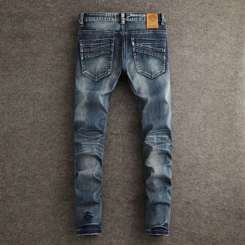 Designer Fashion Men Jeans High Quality Retro Washed Blue Stretch Slim Fit Painted Ripped Jeans Men Y2K Vintage Denim Pants