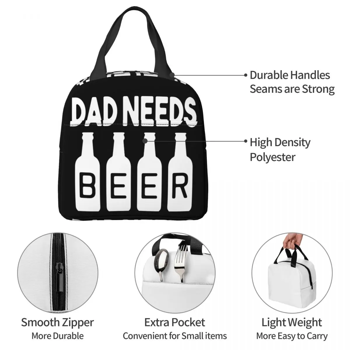 Dad Needs Beer Lunch Bag Unisex Portable Cooler Insulated Lunch Box Food Bento Box