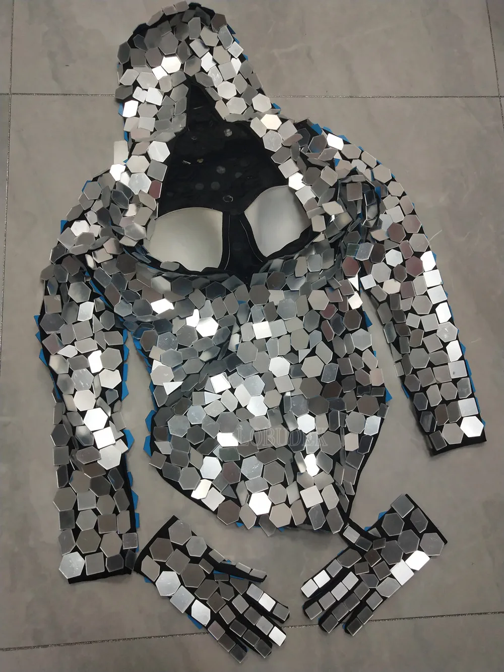 Body à capuche Sexy à paillettes argentées, vêtements de scène pour spectacle de Robot, miroirs, gants, tenues de danse, Costume de troupe de danseuse, boîte de nuit