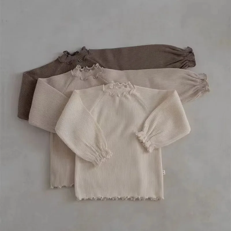 

2024 Spring Toddler Ruffle Turtleneck Long Sleeve Bottoming Shirt Boy Girl Baby Solid Ribbed T-shirt Infant Cotton Casual Tops