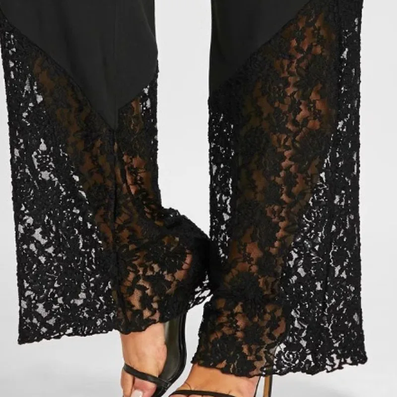 Women New Loose Comfortable Elegant Leisure Fashion Simple Niche Pure Color High Waist Draped Throat Thin Lace Wide-legged Pants
