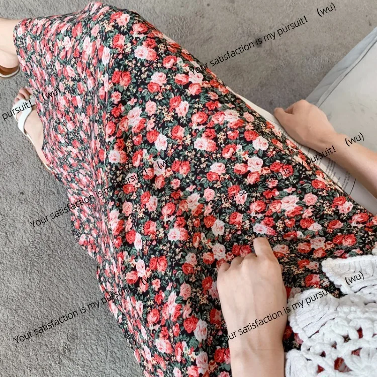 Rok bunga musim semi dan musim gugur pakaian wanita rok draperi rok sedang dan panjang sifon pinggang tinggi