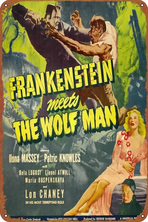 1p,IEITB Frankenstein Meets the Wolf Man Tin Logo Vintage Art Poster Wall Decoration Home Door Garden Bar Cafe Office Restaurant