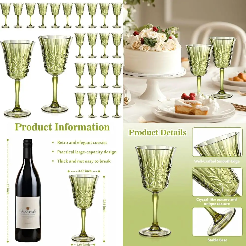 

Shatterproof Reusable 10oz Green Plastic Wine Glasses Set of 12 Stemmed Goblets for Weddings and Events