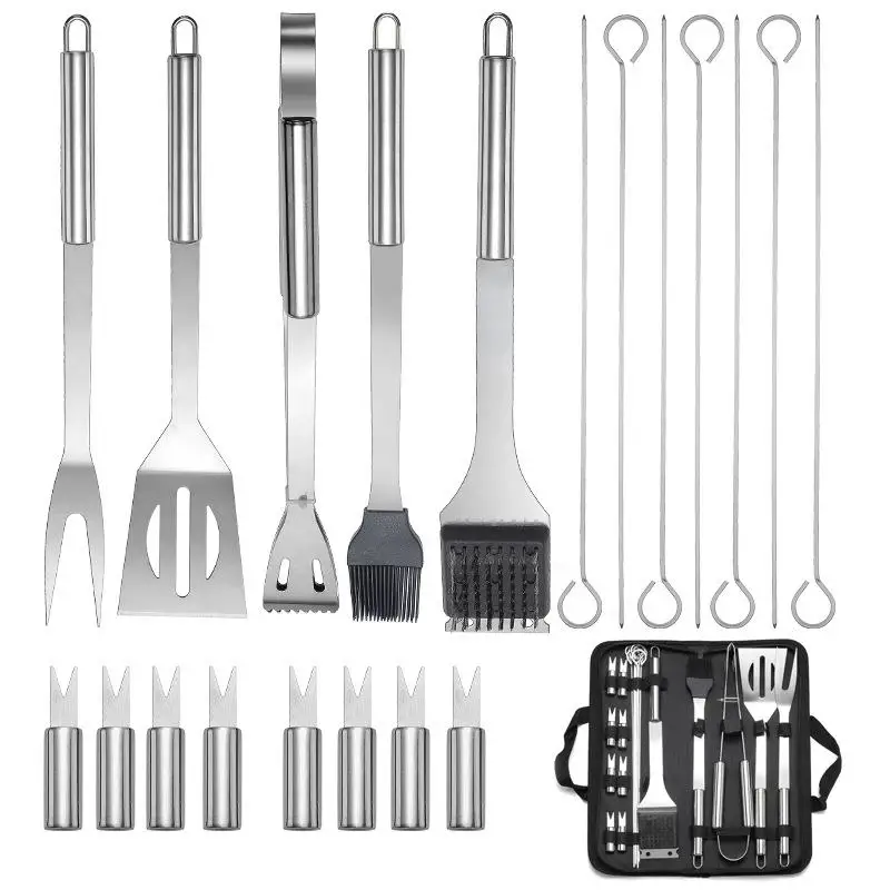 Stainless Steel Grill Combination BBQ Barbecue Tool Set, 20 Piece Cloth Bag Set, Outdoor Portable Fork Shovel Clip