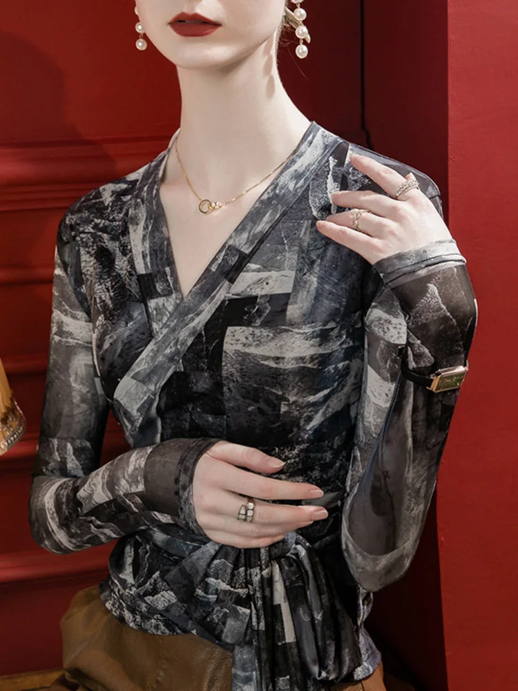 Alça impressa design ajustável malha com decote em v para mulheres de manga comprida 2023 outono emagrecimento e elegante topo