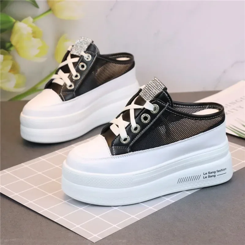 

10CM Air Mesh Leather Breathable Summer Platform Wedge Casual Comfy Shoes Chunky Slippers High Brand Shoes