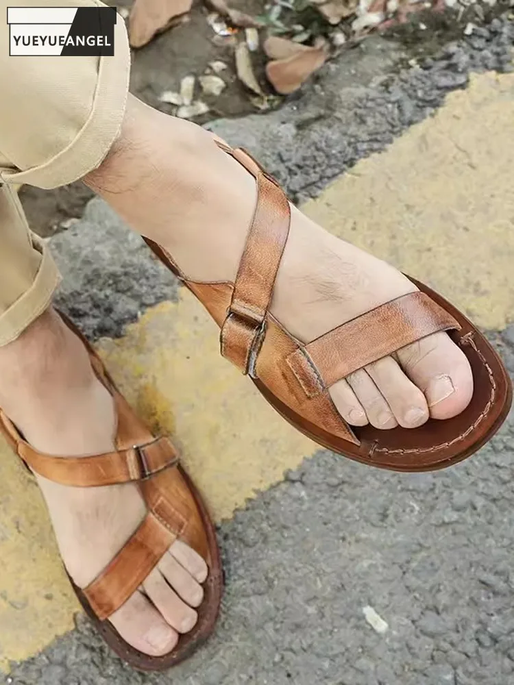 Handmade Men Real Leather Flat Sandals Summer Open Toe Beach Shoes Breathable Street Outdoor Leisure Sport Sandals 46