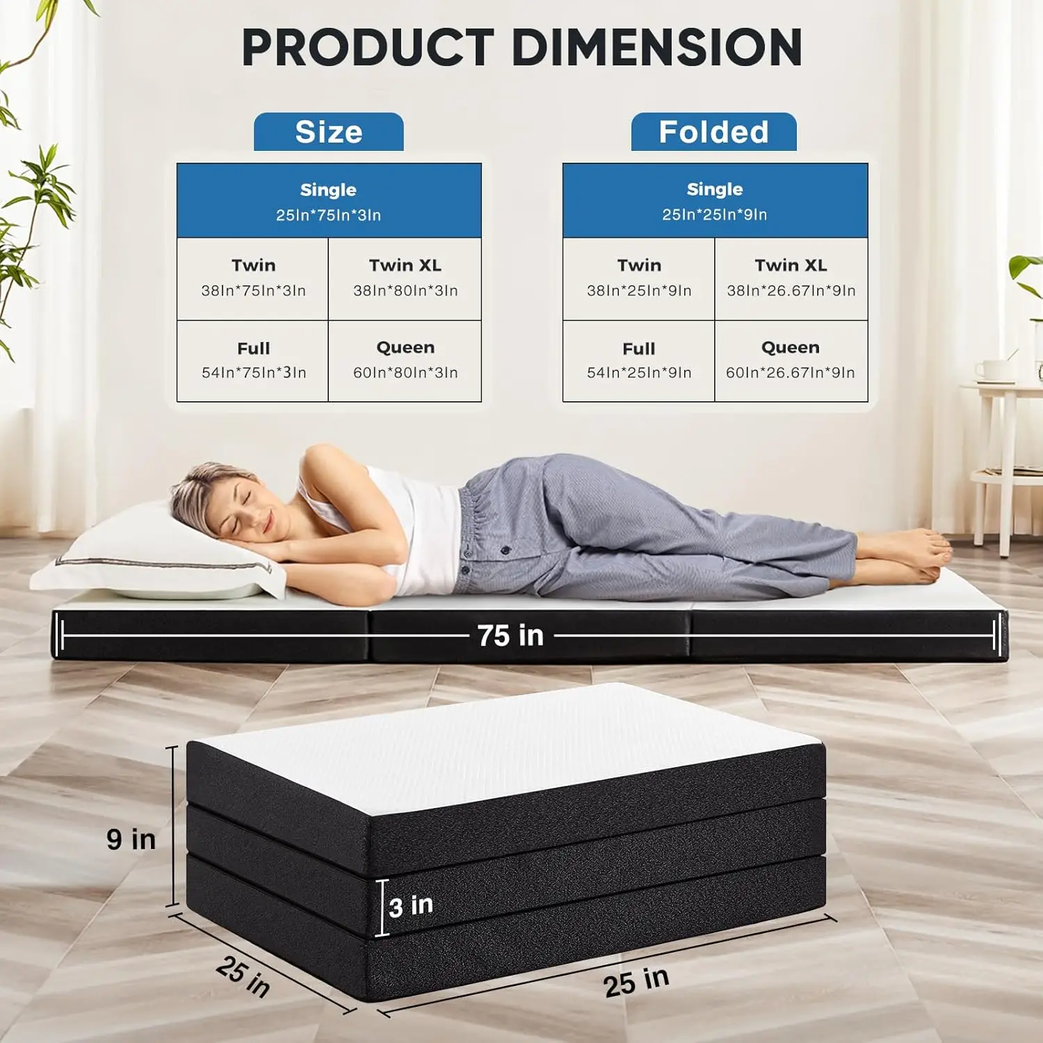 Tri-fold Memory Foam Mattress - 3 Inch Single Size Portable Floor Bed, Foldable Mat for Kids and Adults, Collapsible