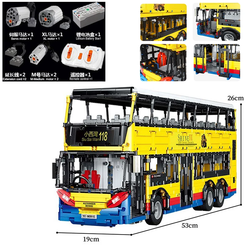 4255PCS YC-QC015 MOC Double Decker Bus Technology Bricks With Remote Control Version Building Blocks Adult Gifts for Children